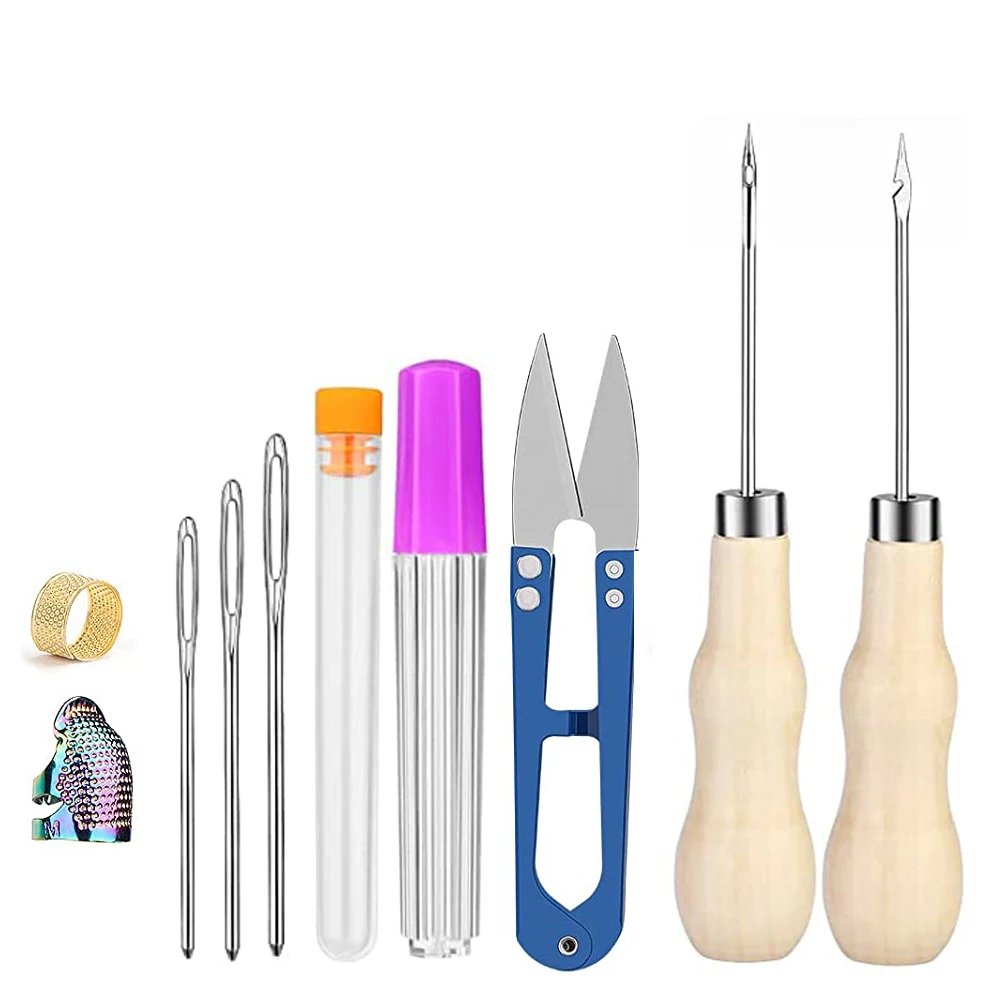 

15PCS Leather Sewing Kit Leather Large-Eye Stitching Needles Sewing Awl with Metal Fingertip Thimble for Quilting Leather Repair