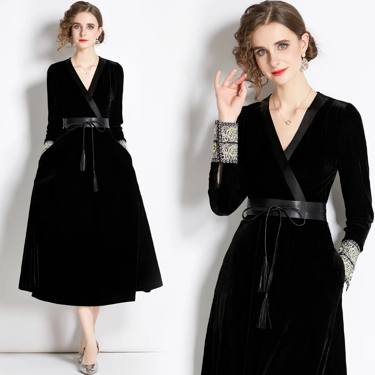 

And Autumn Winter 2023 New Style Gold French Hepburn V-Neck Black Velvet Embroidered Belt Slim Big Hem Dress