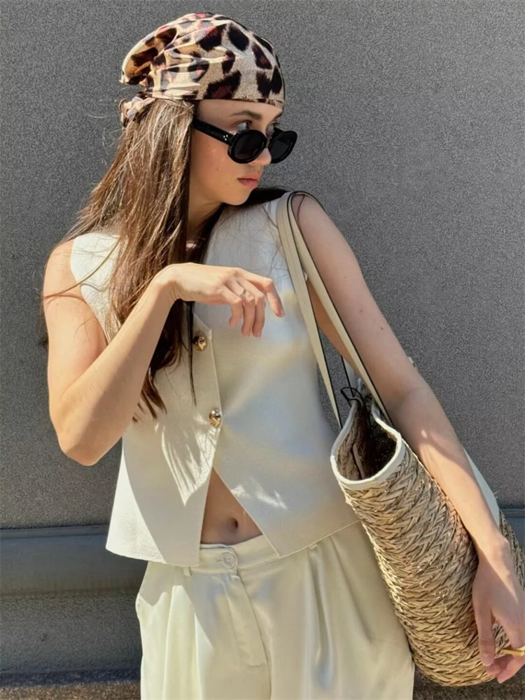 PB&ZA Women's 2024 Summer New Style Elegant V-neck Gold Button Sleeveless Tank Top/Knitted Skirt Set