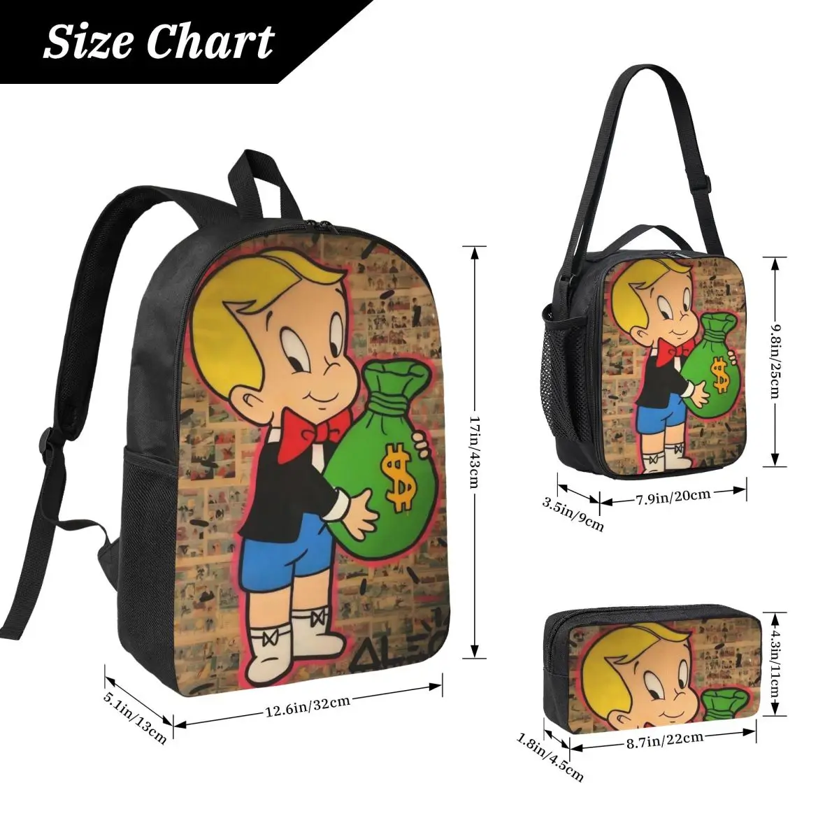 3Pcs Alec Monopolys School bags Set for Boy Girl Pencil Boxes Backpack Sets with Lunch Box For Primary School Students Daypack