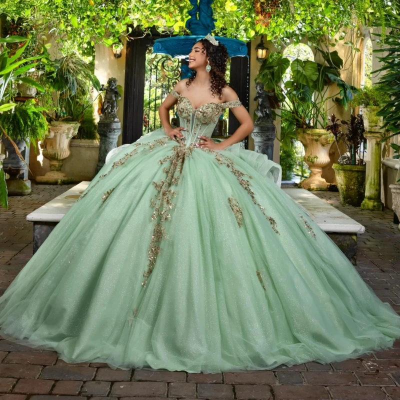 

Sage Green Shiny Quinceanera Dresses Off The Shoulder Gold Applique Lace Beads Bow Tull Corset Ball Gown Vestidos De 15 Anos