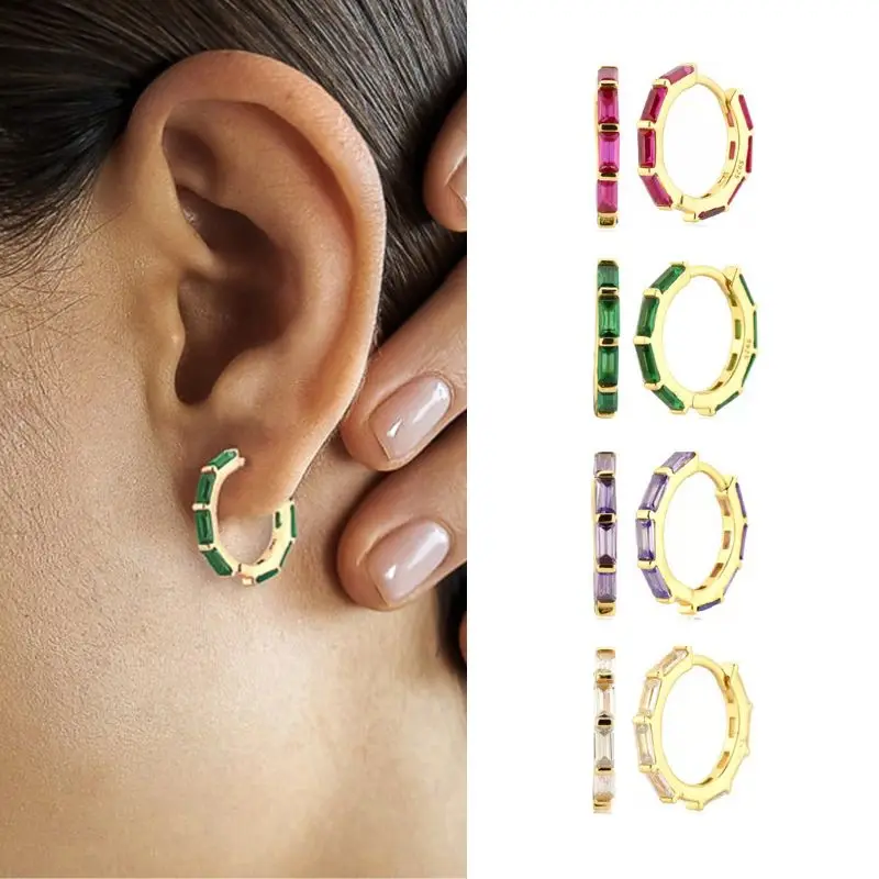 

925 Sterling Silver Needle 17mm Simple Vintage Circle Hoop Earrings for Women White/Green/Purple Crystal Earring Fashion Jewelry