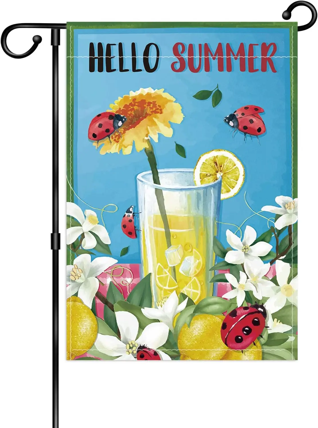 Hello Summer Ladybug Garden Flag - Lemon Squash Sunflower Morning Glory Summer Holiday Festival Yard Flag -Funny Summer Home GGX