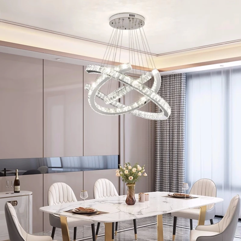 Modern Lustre Steel Led Smart Pendant Lights Luxury K9 Crystal 3 Rings Hanging Lamp Art Deco Led Luminarias Suspend Lamp Fixture