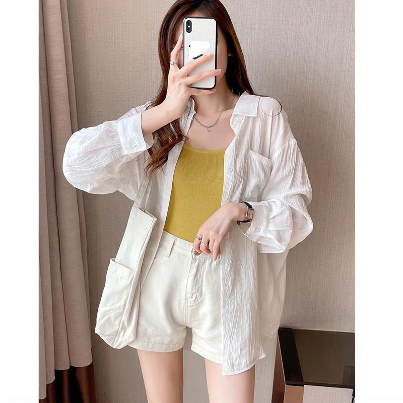 Ice Silk White Sunscreen Shirt Women\'s Long Sleeved 2023 Summer New Versatile Cardigan Thin Coat Simplicity Fashion Clothing