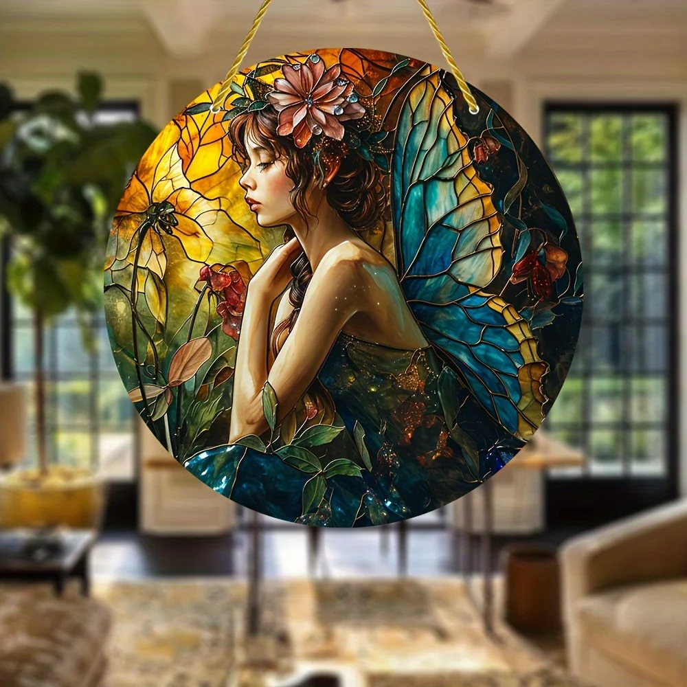 Stunning fairy vintage stained glass style window hanging,sun catcher,sun shade,gift for family,acrylic round wreath sign,garden