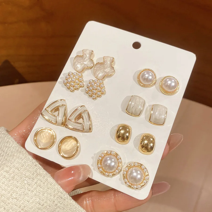 16-teiliges Set Elegante Temperamentvolle Imitationsperlen-Ohrstecker für Damen, Runde und Quadratische Geometrische Opal-Ohrstecker für Alltag und Partys