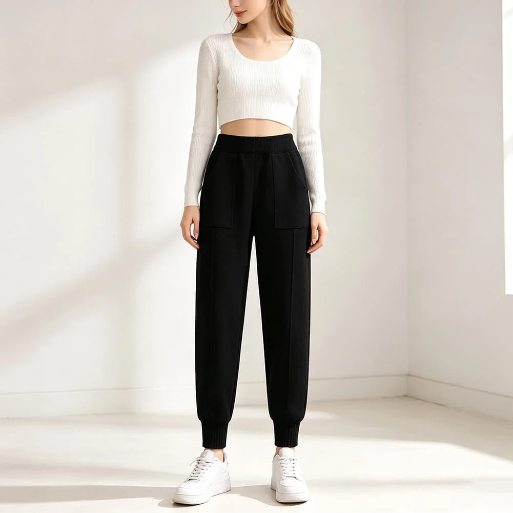 Womens Casual Solid Color Knit Pants High Waisted Cuffed Style for Summer Beach Holiday Cycling Regular Length Polyester
