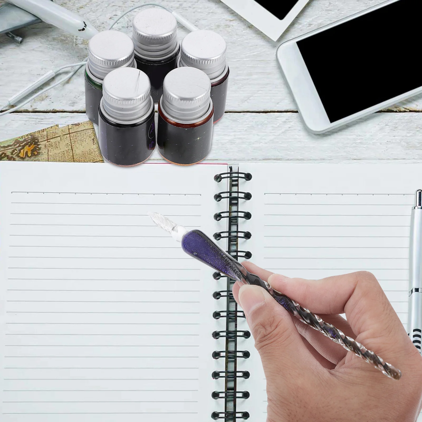 

1Set Glass Dip Pen Set Crystal Signature Pen Leak Proof Ink 5 Colors Calligraphy Writing Art Drawing Supplies Art Supplies