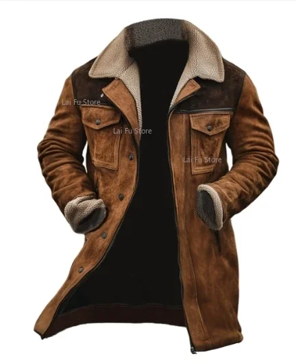 Solid color fleece zipper trench coat, men's autumn and winter mid-length warm coat patchwork multi-pocket lapel outdoor jacket