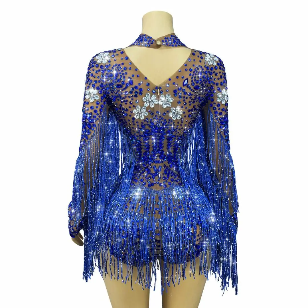 Lussuoso body con nappe e strass scintillanti dal design pesante da donna, cantante, ballerino, festa, sfilata di moda, performance sul palco