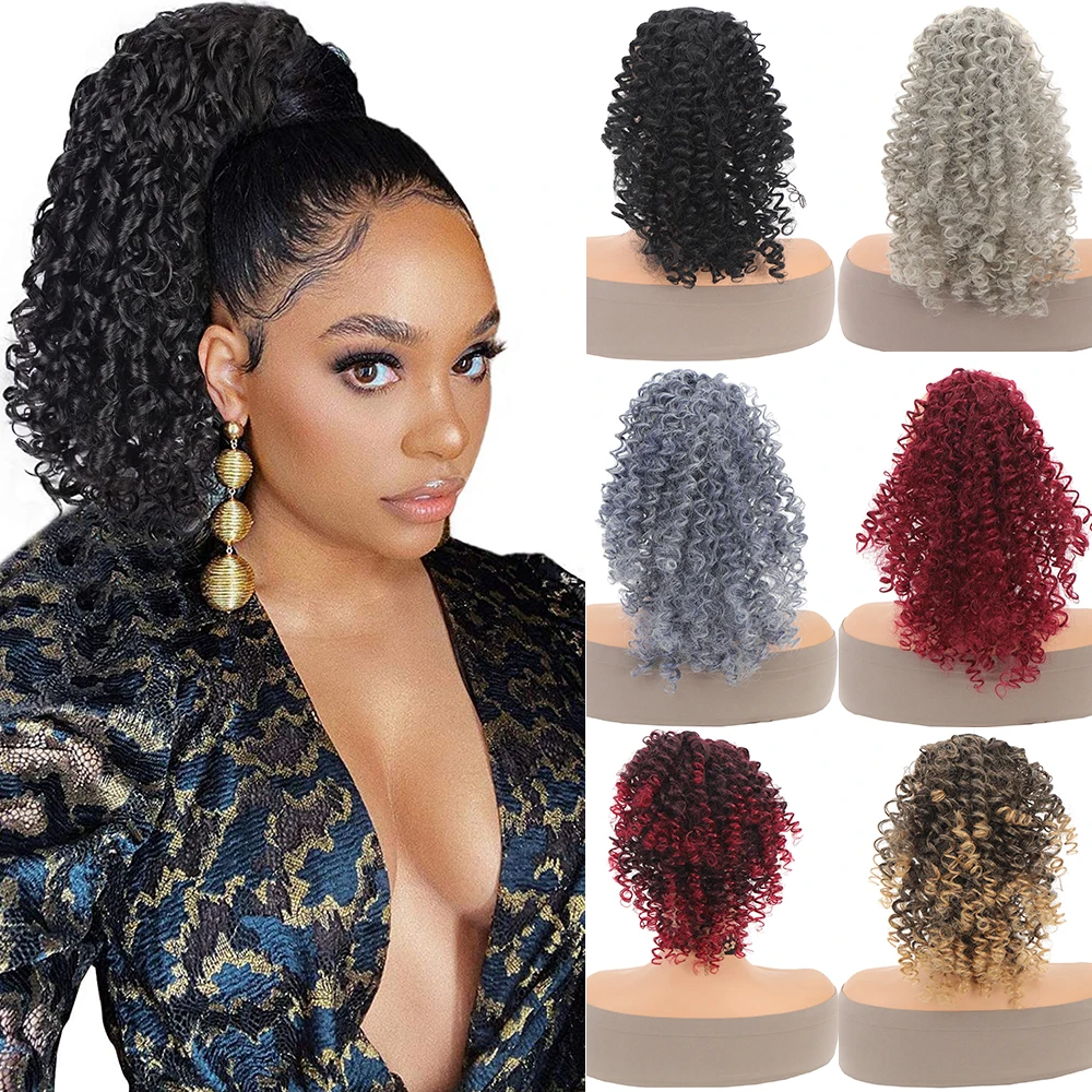 

Short Drawstring Ponytail Afro Kinky Curly Ponytail Hair Extension High Puff Synthetic Ombre Black Blonde Hairpieces Pony Tail