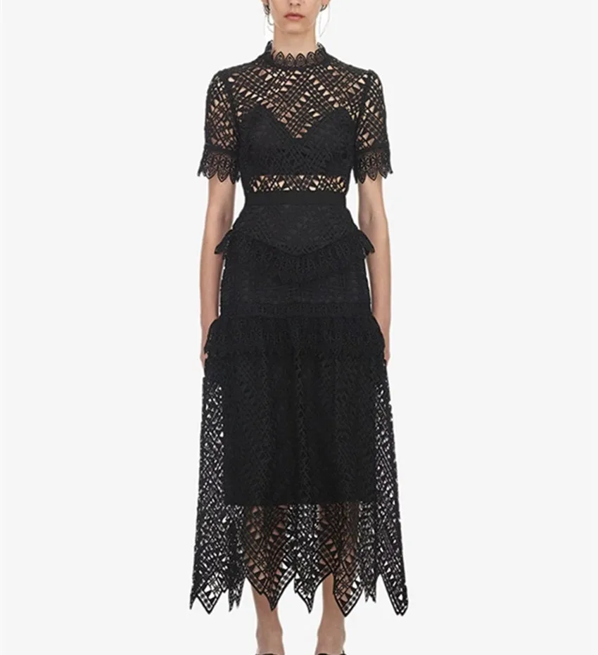 

JSXDHK 2022 Runway Vintage Spring Summer Lace Party Long Dress Women's Short Sleeve Black Hollow Out Ruffles Embroidery Vestidos