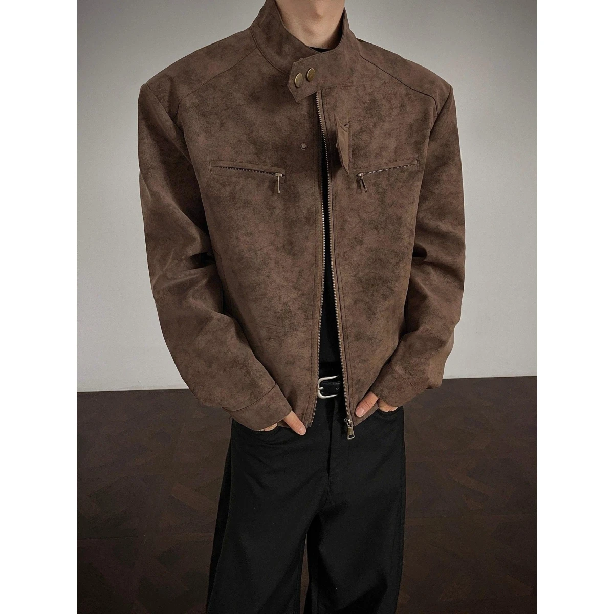 

Retro American Dyed Harrington Jaet ort Sle for Men And Women Autumn Motorcycle Clothes Versatile Casual Leather Coat