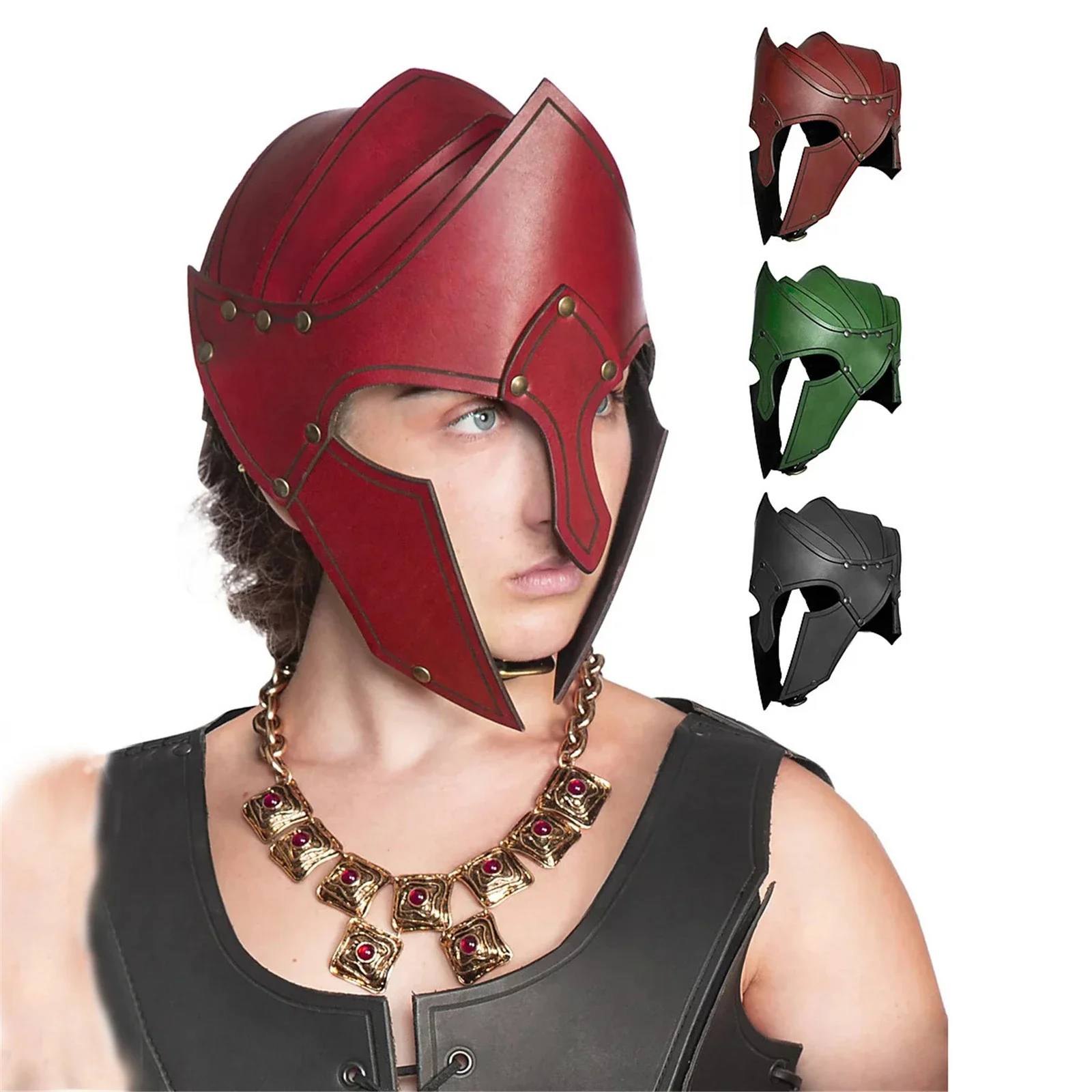 

Vintage Medieval Roman Viking Warrior Cosplay Costume Leather Helmet Solid Color Riveted Layered Headpiece Party Halloween