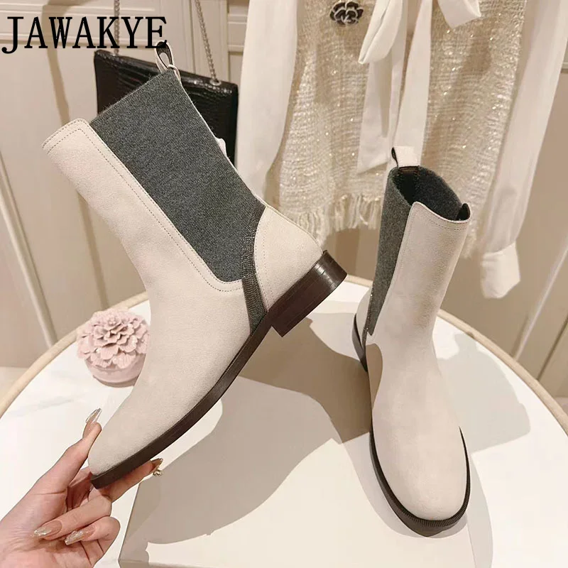 Popularne buty zimowe marki damskie zamszowe płaski obcas Chelsea boots casualowe damskie elastyczne botki krótka skórzana botki