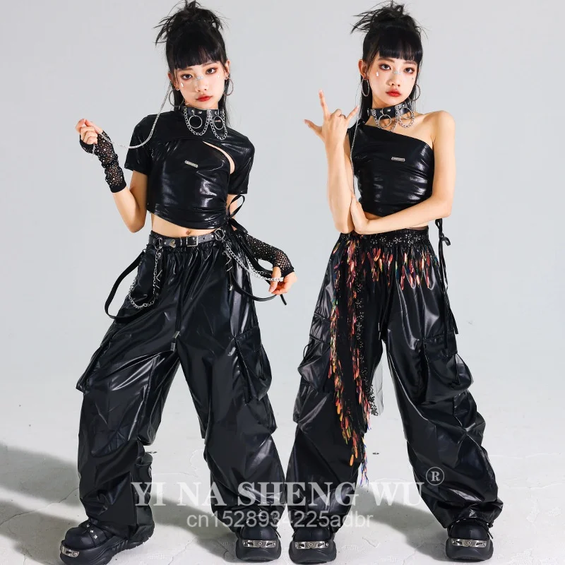 Girls K-pop Shiny Crop Top Skirts Street Dance Cargo Pants Kids Hip Hop Jazz Girl Group Clothes Sets Children Streetwear Costume