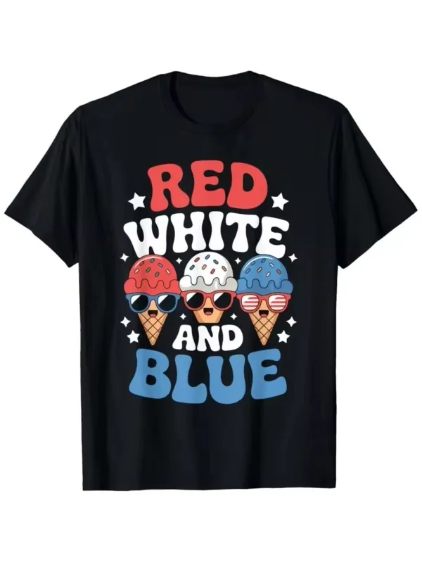T-shirt style garçon rouge, blanc et bleu à thème crème glacée - Style mignon sur le thème de la fête de l'Indépendance, adapté aux hommes, haut d'été décontracté à col rond et manches courtes