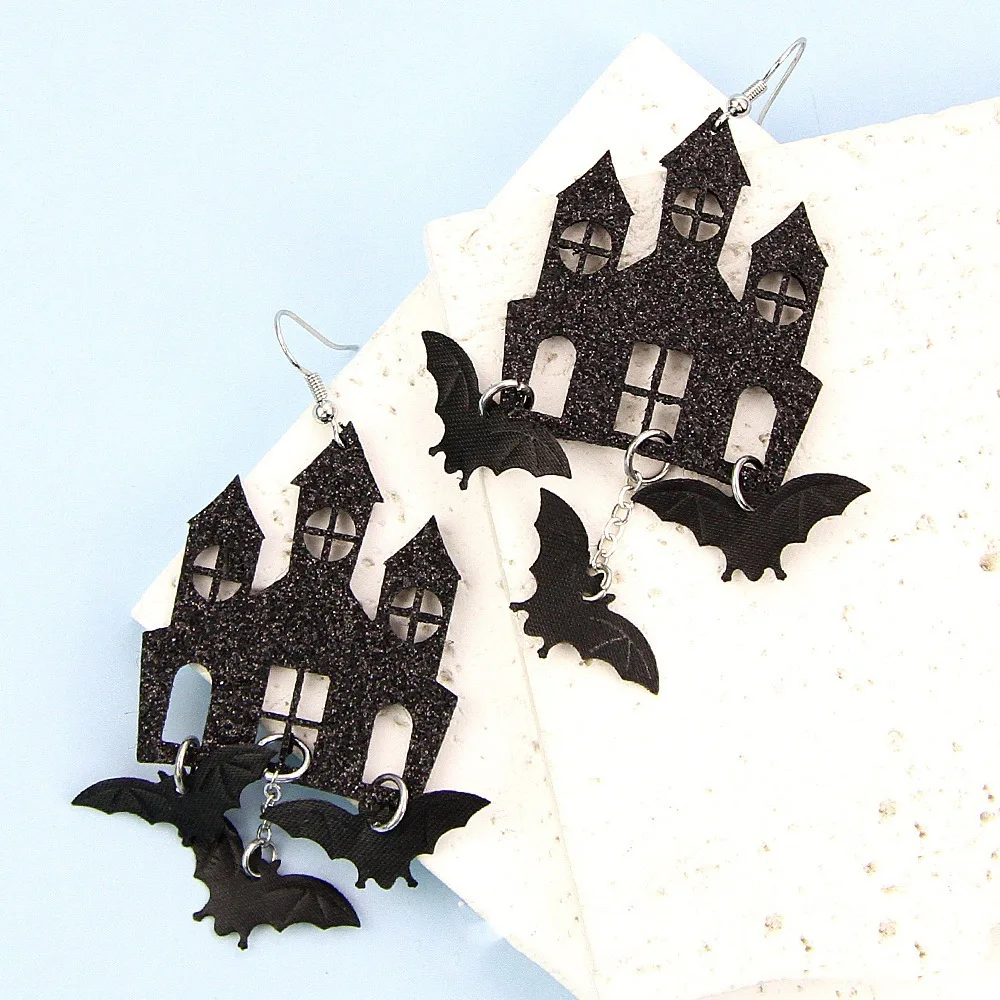 Dark Night Castle Frosted Non-woven Fabric Texture Bat Haunted House Shaped Earrings UNISEX Halloween Happy Party Earrings Gift