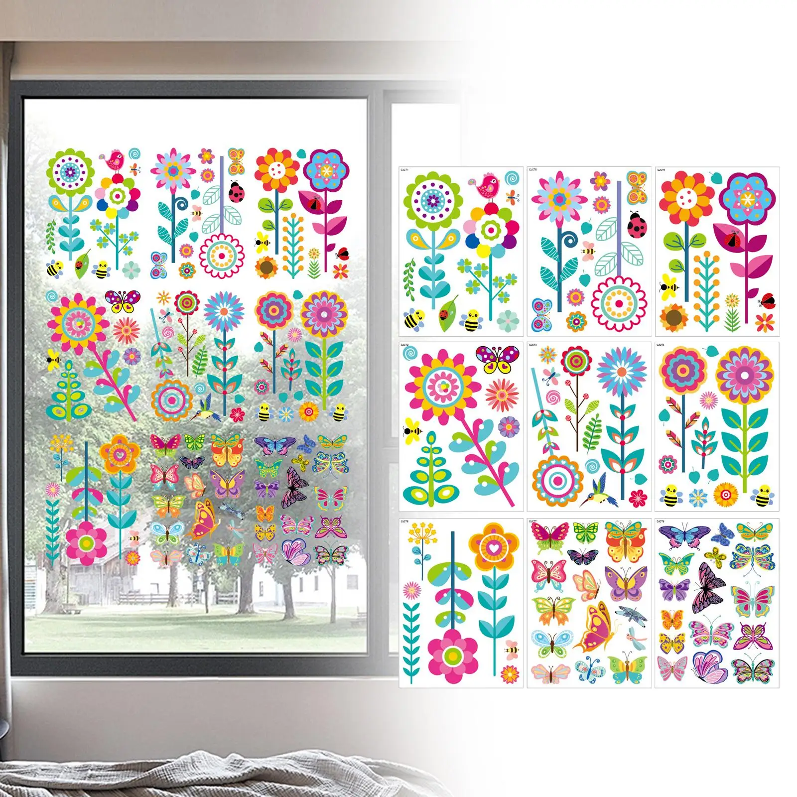 Set of 9 Flower Butterfly Window Decals Stickers Removable PVC Material Double