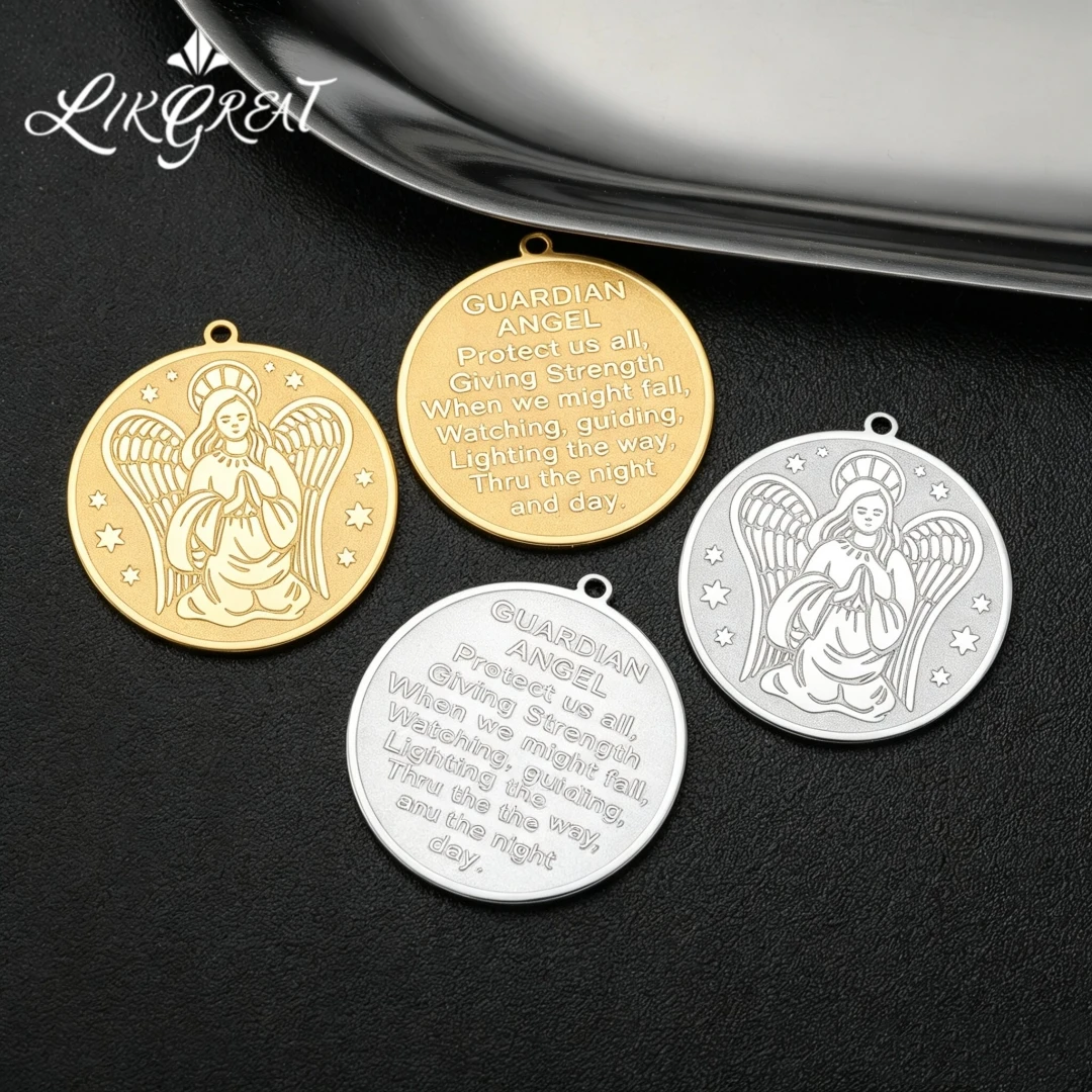 Kneeling Guardian Angel Medal Pendant Stainless Steel Engraved Prayer Verse Pendant Religious Protection Amulet Jewelry Gift