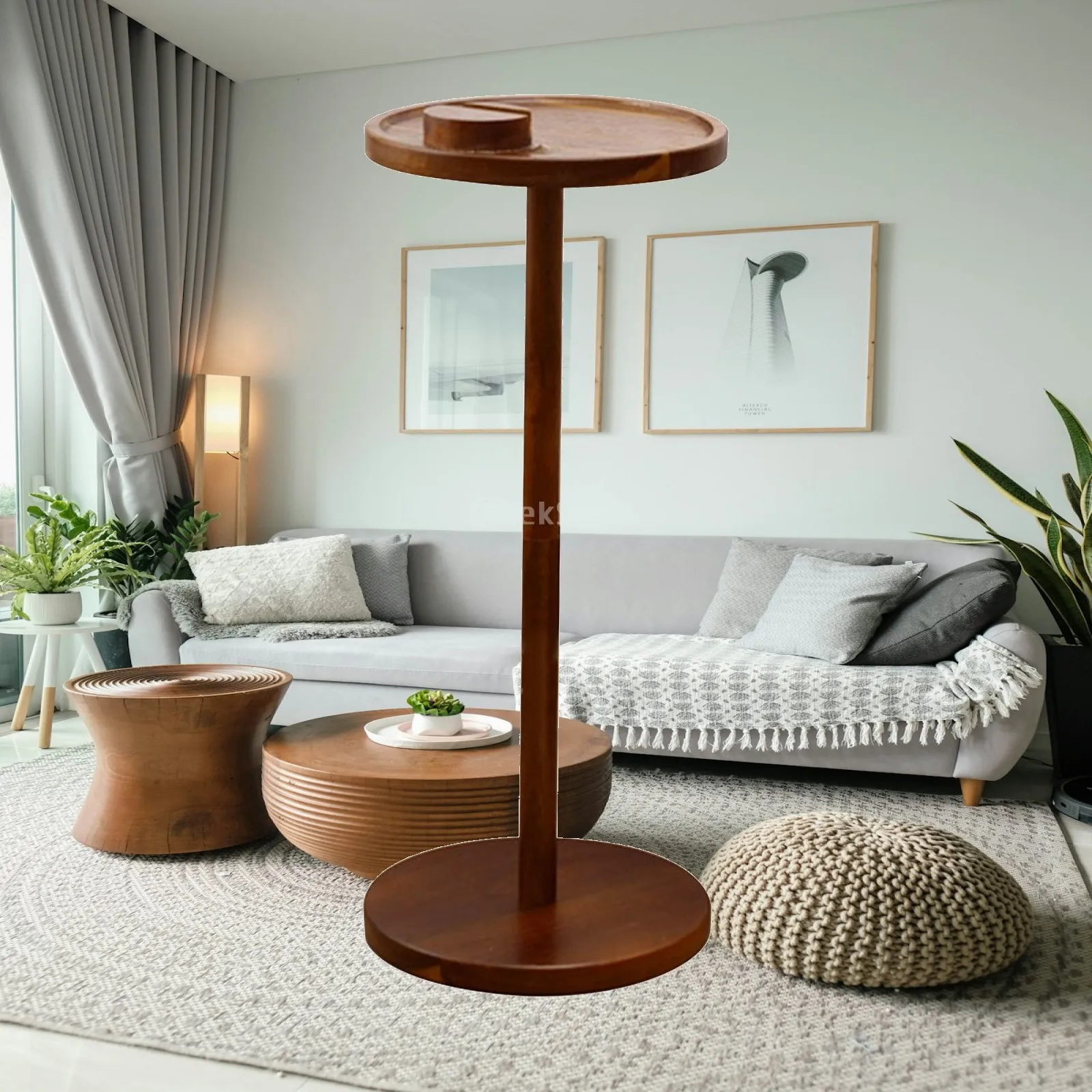 Wood Side Table Small End Table Lightweight Stable with Phone Stand Drink Table for Small Place Balcony Cabin Room