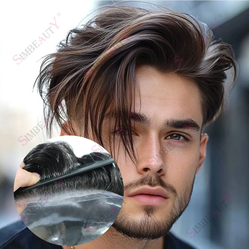 

Прочный 0,06 мм, реалистичная тонкая кожа, полная полиуретановая основа, черный омбре, блондинка, серый мужской парик из человеческих волос Vloop, супер натуральная линия волос