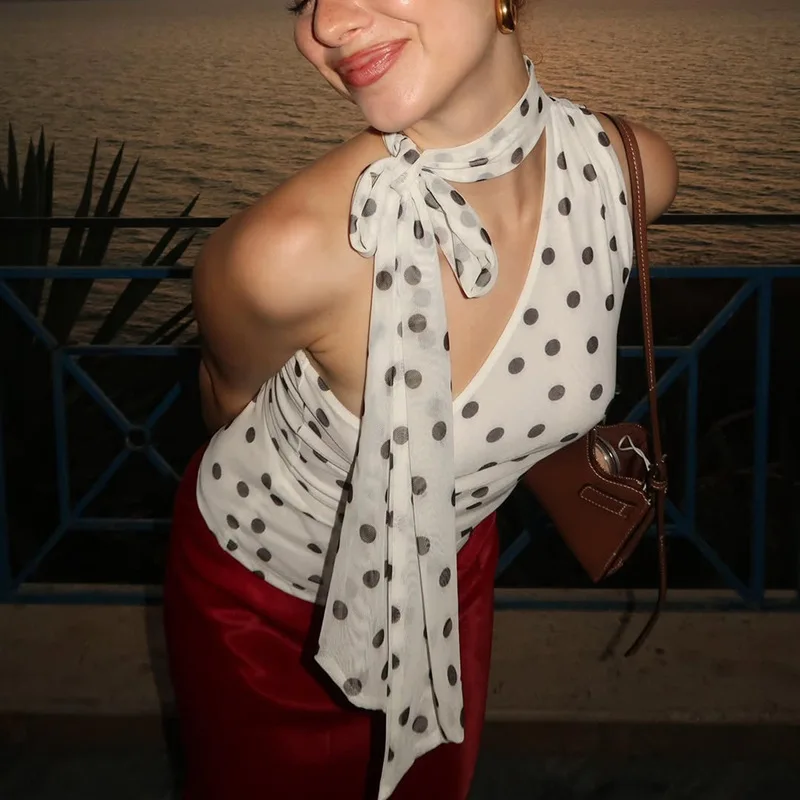 التشفير موضة البولكا نقطة طباعة كتف واحد المحاصيل الأعلى Y2K الشريط اقتصاص القمم الدبابات ضئيلة سترة عطلة بروتيل Coquette #2