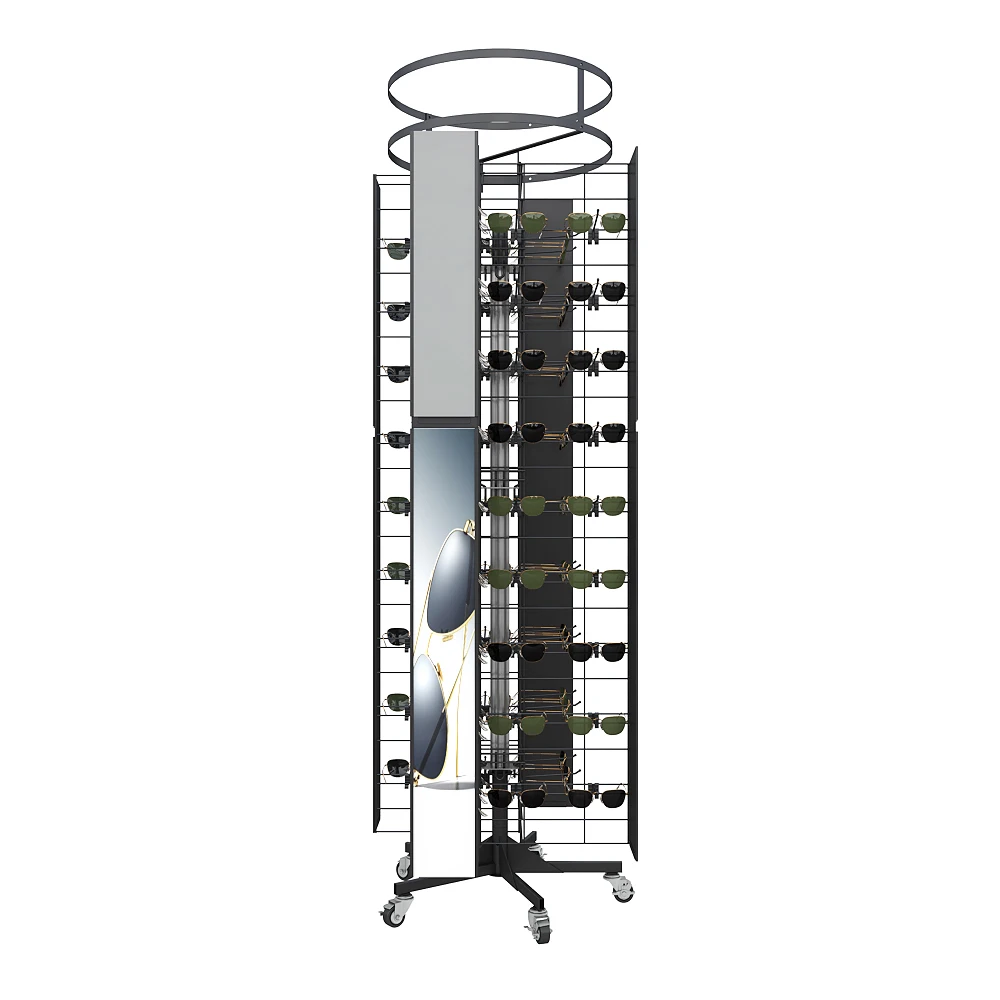 Sunglasses Factory Retail Eyewear Store Fixtures Metal Movable Rotating Glasses Display Stand with Casters Wheels