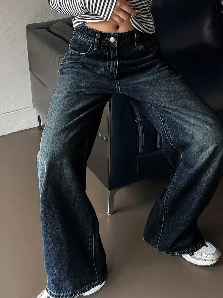 2025 pantalones vaqueros de pierna ancha holgados coreanos para niñas, gran oferta, pantalones vaqueros de cintura alta para mujer, pantalones casuales de moda para uso diario