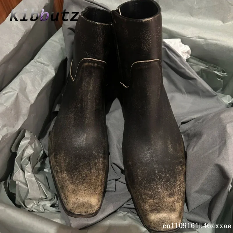 Square Toe Street Style Men Western Ankle Boots Vintage Side Zip Outdoor Trendy Versatile Daily Retro Cowboy Casual Short Boots