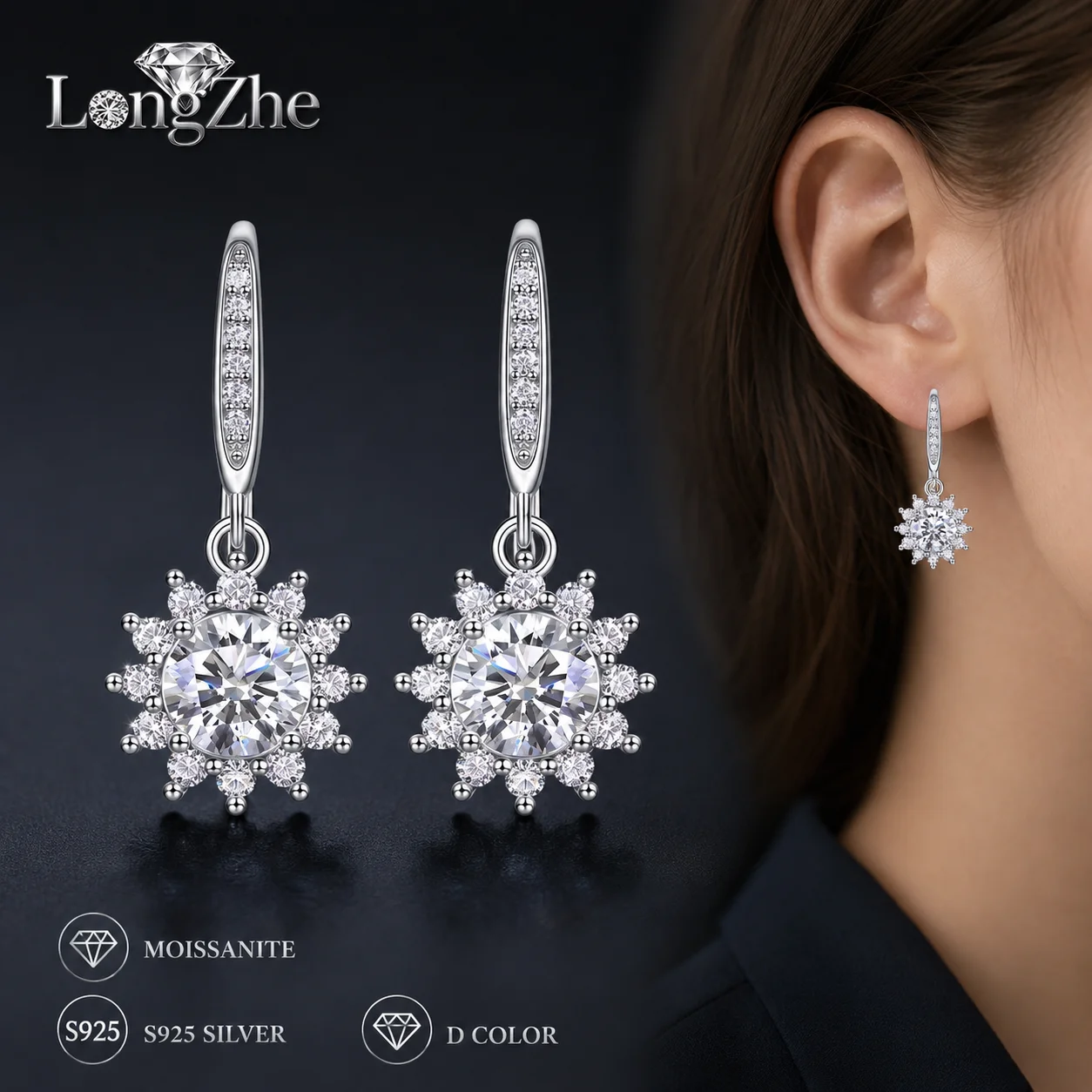 LongZhe Moissanite Dangle Earrings for Women 925 Sterling Silver Star Drop Earrings 0.5CTx2 Zircon Fine Jewelry Gift for Her New