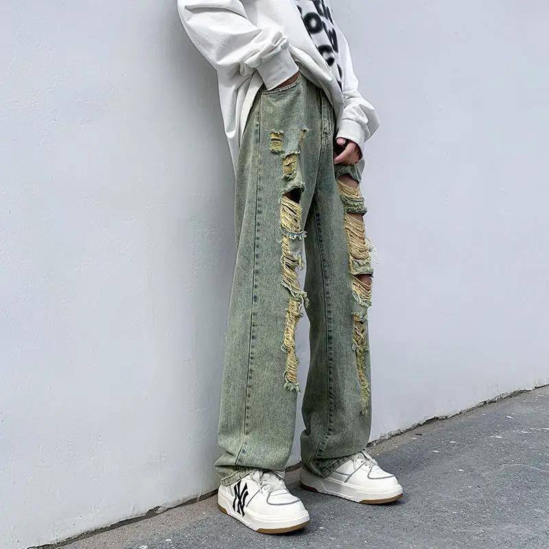 

Foufurieux American Street Washed Yellow Ripped Jeans for Men Summer Trendy Brand Loose Casual Straight Leg Cropped Pants Men