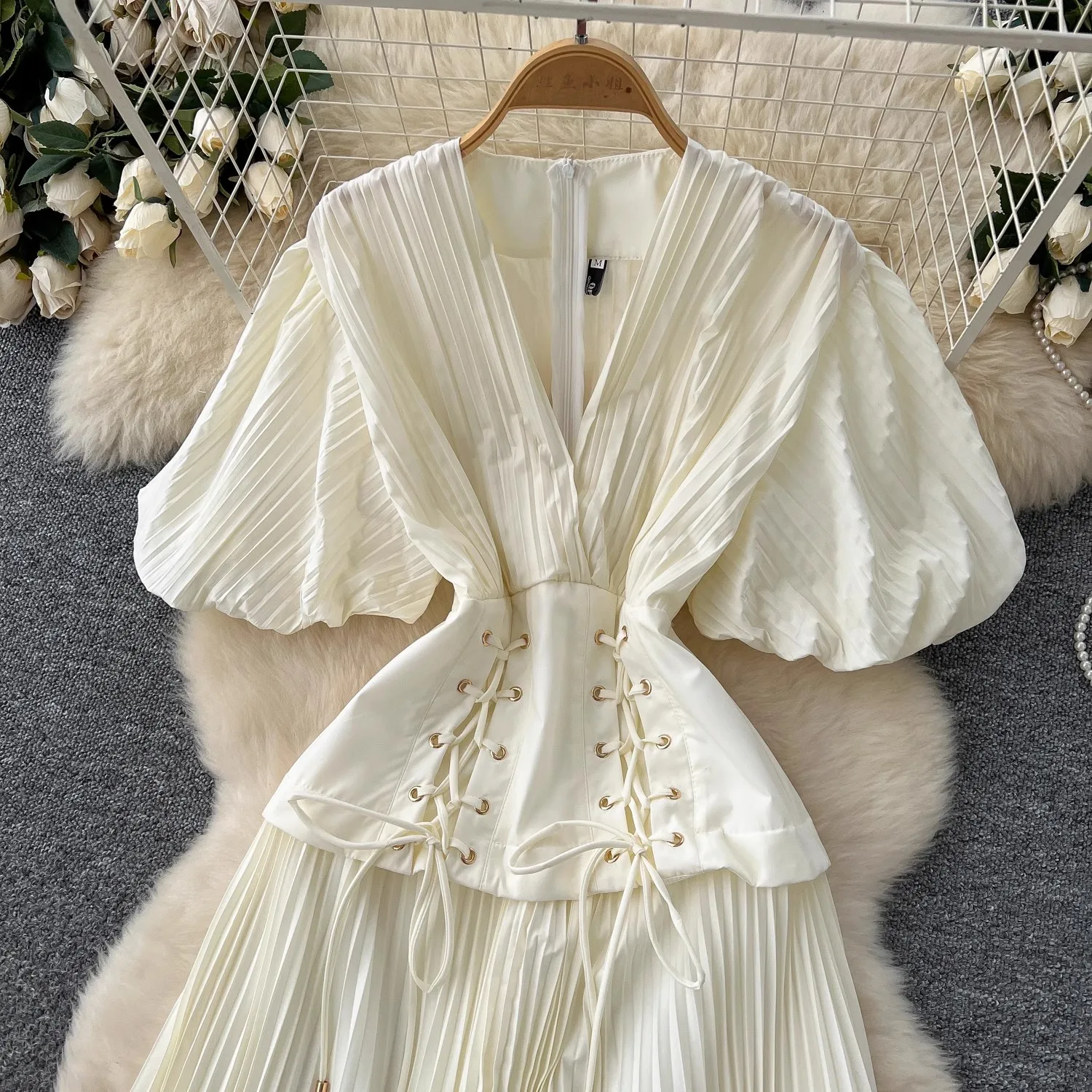 Frauen Elegante Gefaltete Boho Lange Abendkleider Dame Sexy V-ausschnitt Kurze Laterne Hülse Hohe Taille Bandage Roben