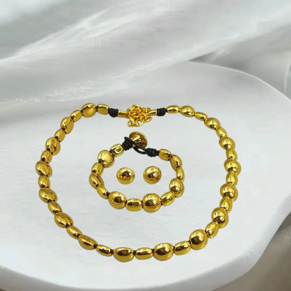 

2026 Spain mature retro style gold and silver bead set jewelry three piece set to give friends high-end gifts