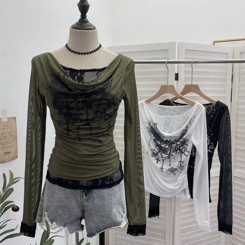 ผู้หญิงสบายๆลูกไม้ Splicing ตาข่ายเสื้อยืดแขนยาว Retro พิมพ์ฮาโลวีนปลอม 2 ชิ้น Swing COLLAR SLIM FIT ด้านในด้านบน 8035