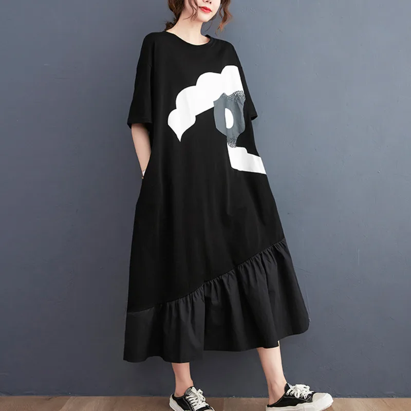 女性用の黒のロングTシャツドレス,スプリット,ジョイントフリル付き,Aラインカット,半袖,ルーズアシンメトリードレス,女性用ラウンドネック,#3899