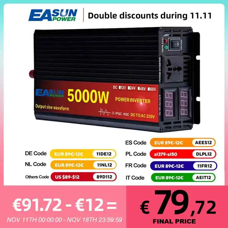 EASUN Pure Sine Wave Inverter 12/24V 220V 5000W 4000W 3000W Car Power Solar Inverter 12/24V DC to AC 220V Converter Transformer