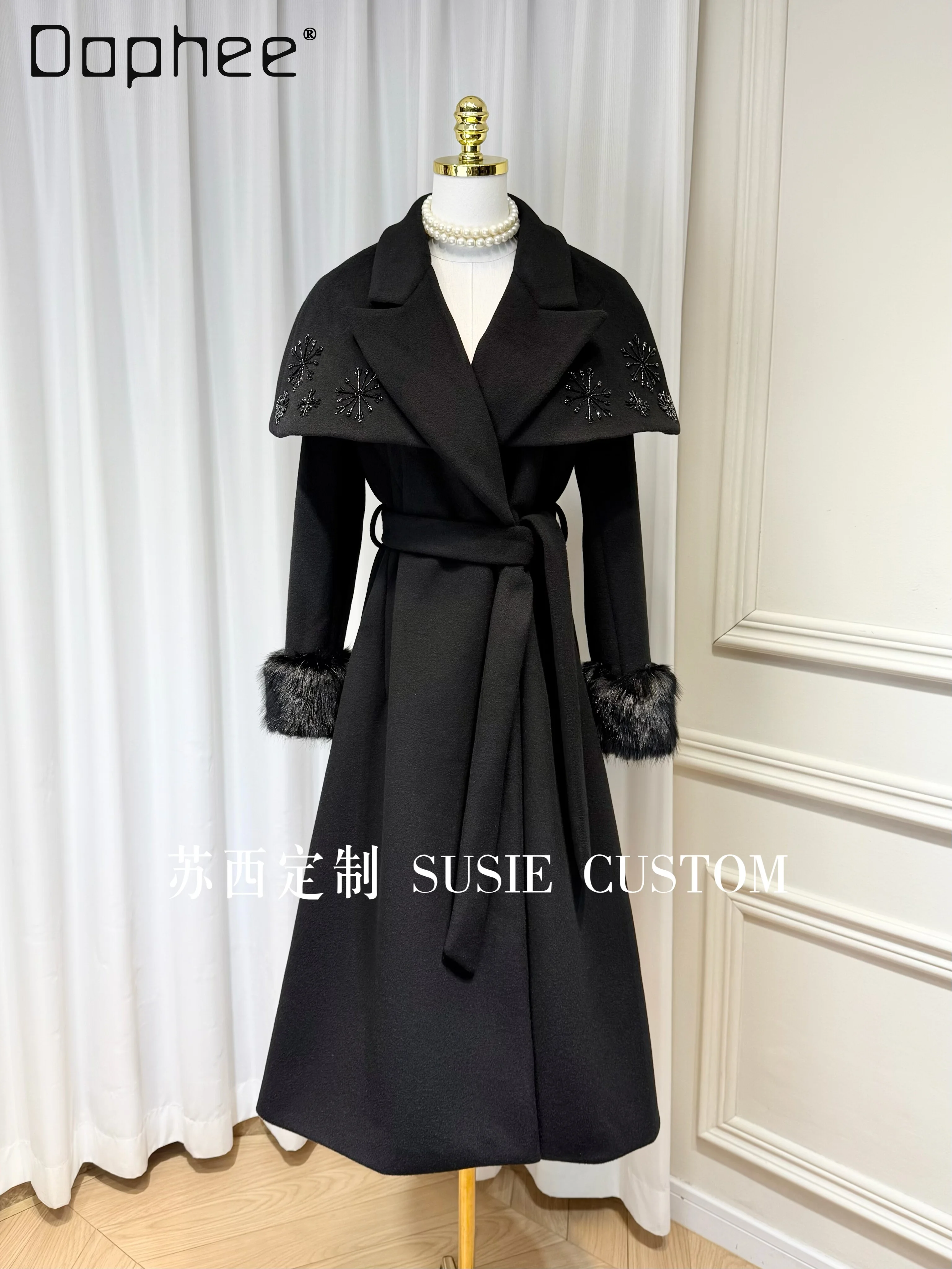 High-end Detachable Beaded Cape Shawl Plush Patchwork Long Sleeve Turn-down Collar Tie Pocket Mid-length Slim Woolen Coat Women