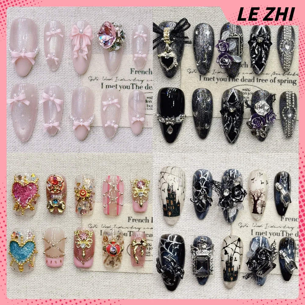 

Y2K Spicy Girl Dark Handmade Square Almond Press On Nails Shining Diamond Pearl Flowers Metal Chain False Nails All Saints' Day