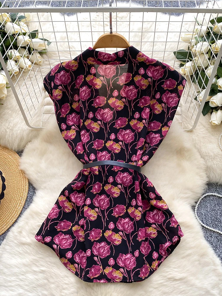 夏の女性のノッチ襟ノースリーブプリントシャツ新しいファッショナブルな通勤多用途休暇シフォンブラウストップ C295