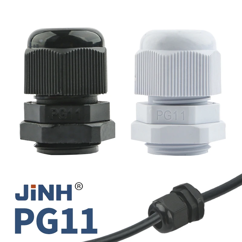 JINH PG11 Nylon Cable Gland Kit 10PCS IP68 Weatherproof Connector Black White Lock Nut Adjustable Inlet 5-10mm Wire Seal