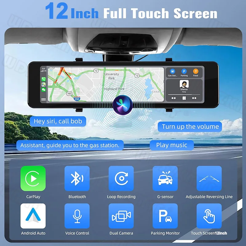 4K Mirror Car DVR Wireless Carplay Android Auto 10/12inch Front and Rear Camera Bluetooth FM Dash Cam for Car Camera for Vehicle