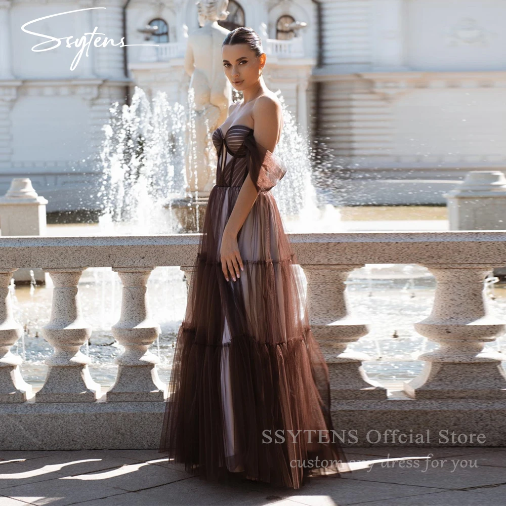 

SSYTENS Customized Tulle Prom Dresses Off Shoulder Formal Party Gowns Brown Fitted Bones Women Saudi Homecoming Evening Dresses