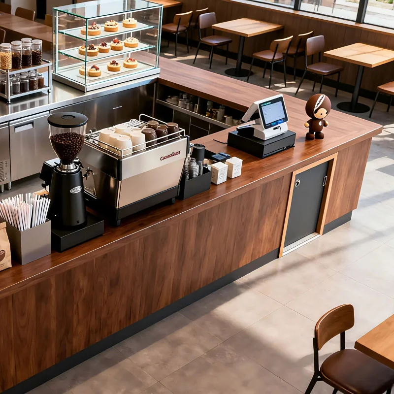 custom.Coffee Display Showcase with Side Desk Counter Cabinet