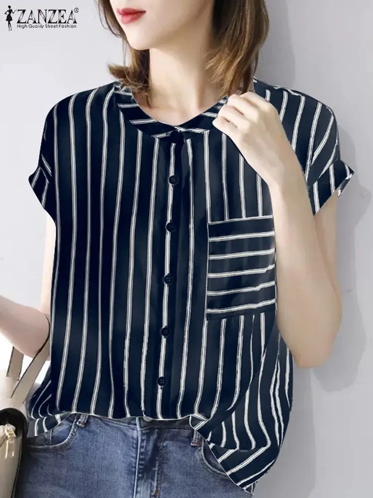 ZANZEA Harajuku Stripes Short Sleeve Shirt Women Formal Blouse 2024 Summer Buttons Pocket Tops Korean Fashion Office Loose Tunic