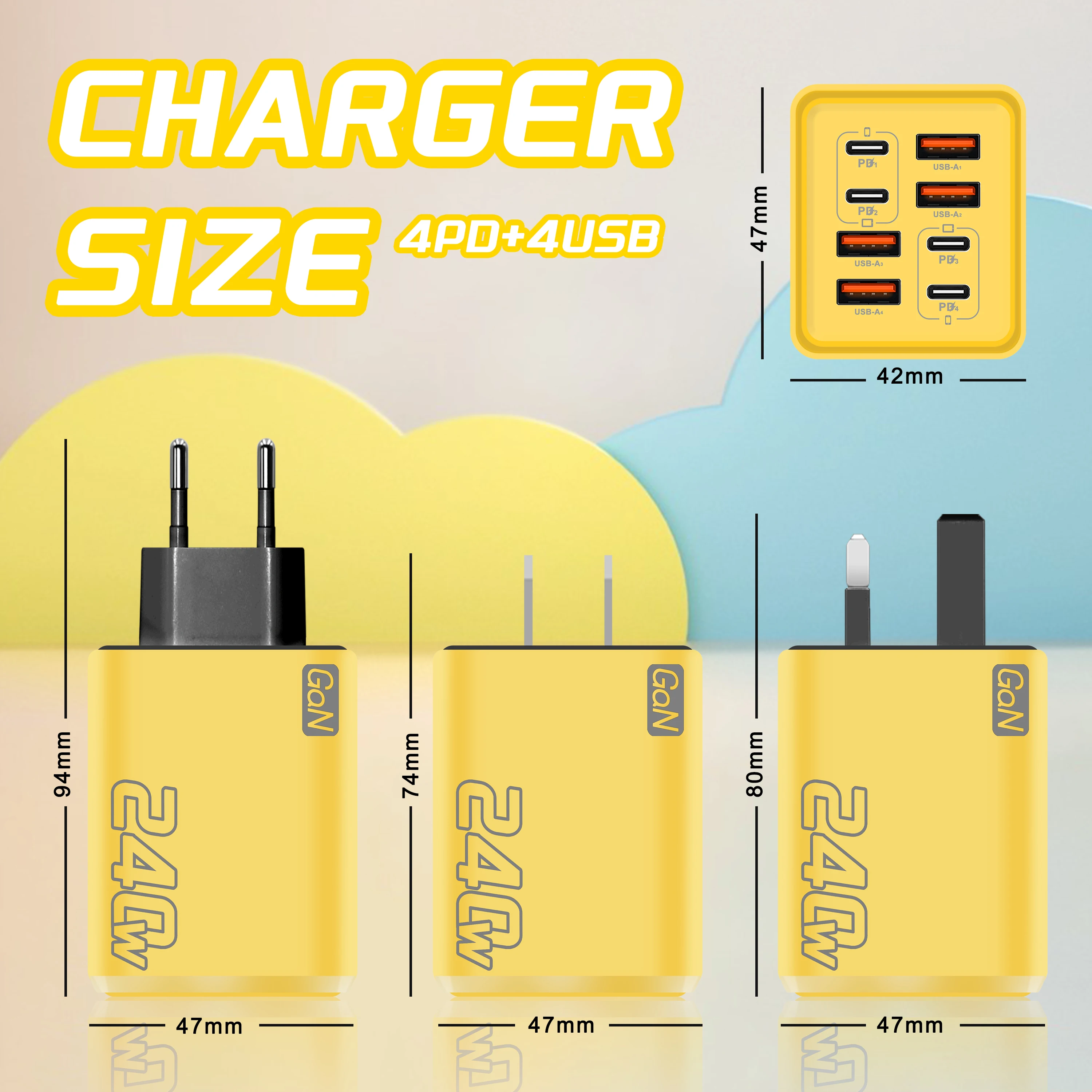 8-in-1 GaN USB-C Desktop-Ladegerät 240W Schnellladegerät mit Typ-C-Kabel für iPhone, Samsung, Xiaomi, EU/US/UK-Stecker – Detail 6