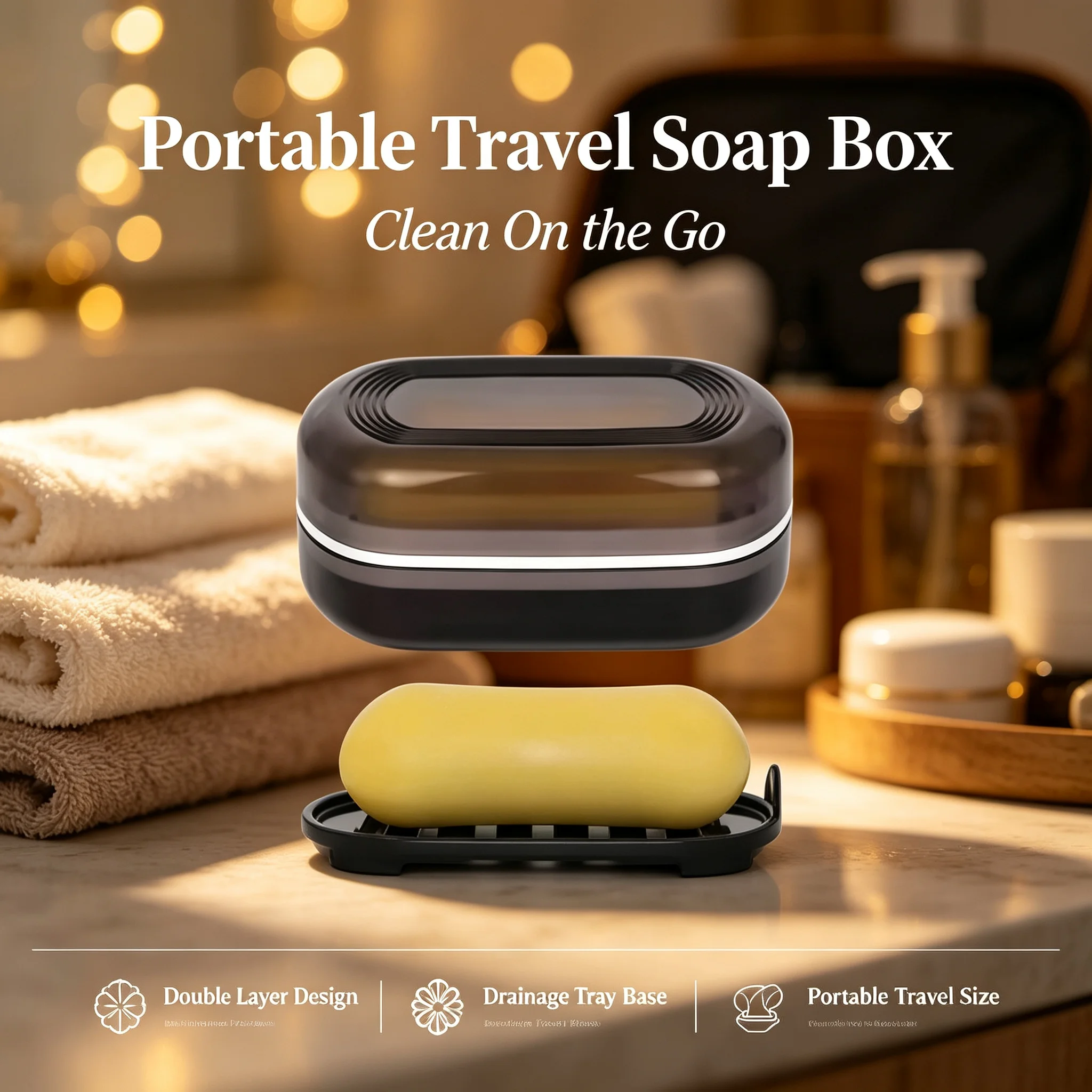 Portable Bathroom Soap Holder Container Box for Shower Black Covered Travel Soap Dish Double Layered Bamboo Storage