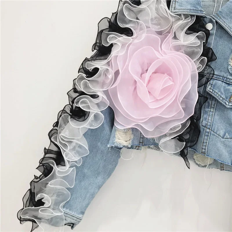 Fashion Women Spliced Mesh 3D Flower Hole Denim Jacket 2024 Summer Trendy Turn-down Collar Long Sleeves Coat Female