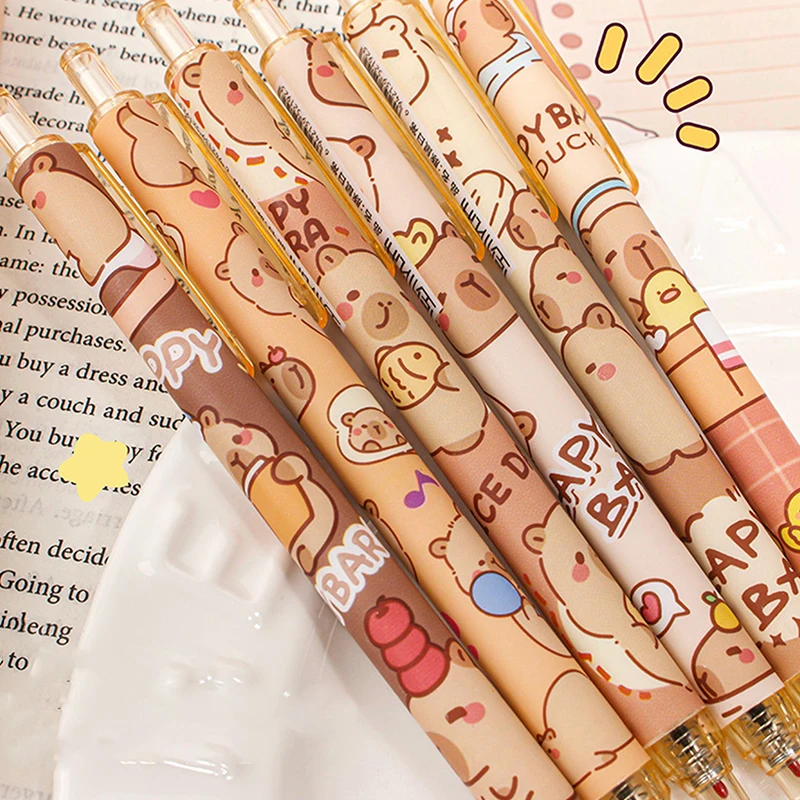 6Pcs Cute Capybara Pressing Gel Pens Kawaii Black Ink Pen Set School Supplies Cartoon Capybara Neutral Pen Aesthetic Stationery